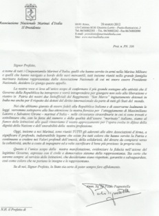 Lettera consegnata al Capo di Gabinetto Prefetto di Massa in occasione della manifestazione di solidariet verso i due Sottufficiali Fucilieri detenuti illegalmente in India 